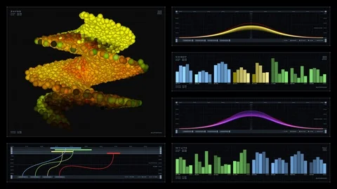 Multi-panel visual display: eye scan, graphs, readouts, indicators Vidéo 89345985