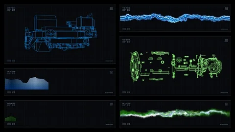 Multi-panel visual display: wireframes, graphs, readouts and indicators Vidéo 88222126