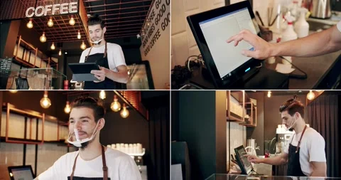 Multi-part collage at work. , payment method. work in the cafe and Taking Order. 库存影片 170239446