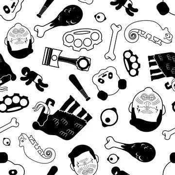 Multi pattern seamless. Piston and mammoth background. Skull and brass knuckl 스톡 일러스트