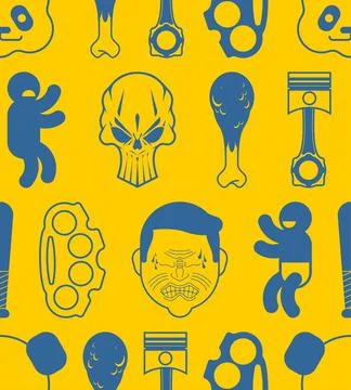 Multi pattern seamless. Piston and mammoth background. Skull and brass knuckl Illustrazione stock