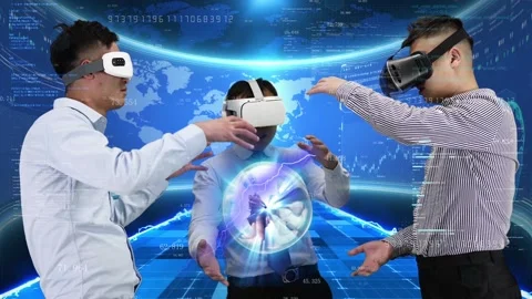 Multi person experience vr virtual reality meta universe holographic technol Stock Footage 165662040