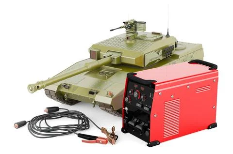 Multi-process welder machine with battle tank, repair concept. 3D rendering 스톡 일러스트