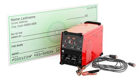 Multi-process welder machine with blank bank check. 3D rendering イラスト素材