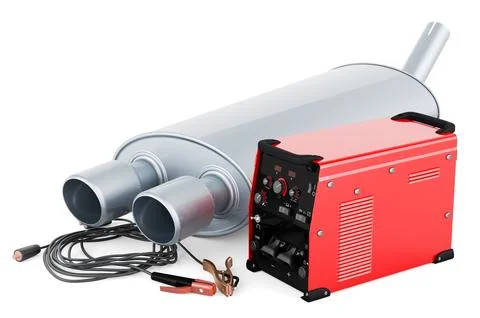Multi-process welder machine with car exhaust pipe, repair concept. 3D rend.. Stock Illustration