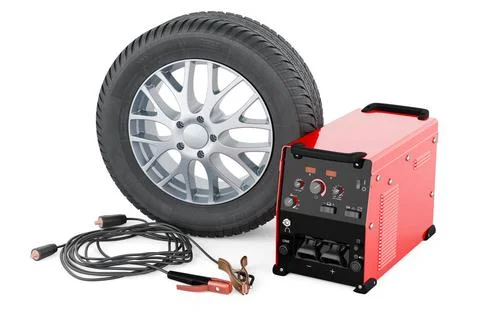 Multi-process welder machine with car wheel. 3D rendering Multi-process we... Stock Photos