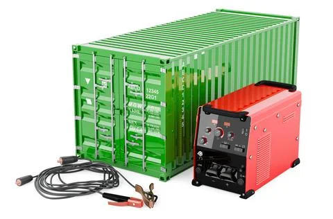 Multi-process welder machine with cargo container, repair concept. 3D rend... Stock Photos
