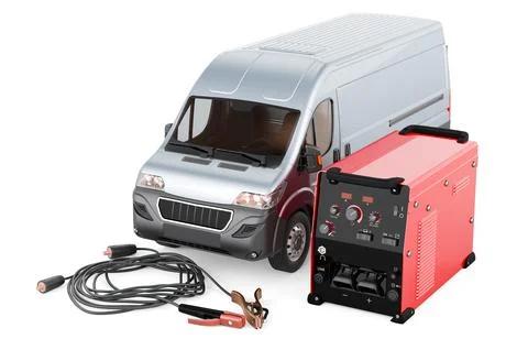 Multi-process welder machine with delivery van. 3D rendering イラスト素材