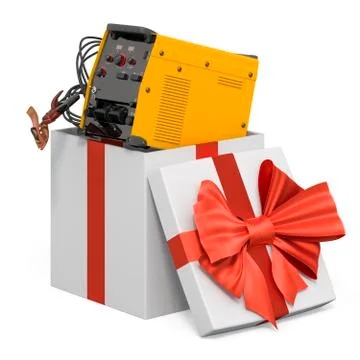 Multi-process welder machine inside gift box, present concept. 3D rendering Stock Illustration
