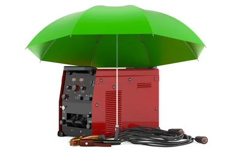 Multi-process welder machine unicycle under umbrella, 3D rendering Illustrazione stock