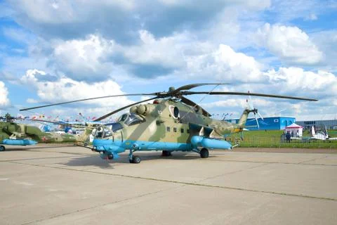 Multi-purpose attack helicopter Mi-35M (Crocodile). Exhibit of MAKS-2017 airshow Stock Photos