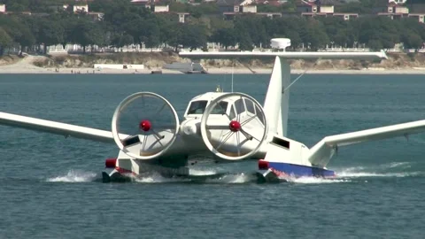Multi-purpose ekranoplan Oriole  floats along Gelendzhik Bay, like boat. Stock Footage 132980547
