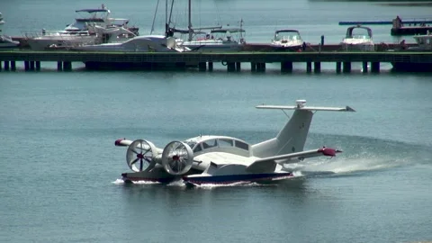 Multi-purpose ekranoplan Oriole floats along Gelendzhik Bay, like boat. Stock Footage 135318892