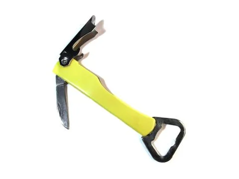 A multi purpose tool folding camping opener knife with yellow handle Stock Photos