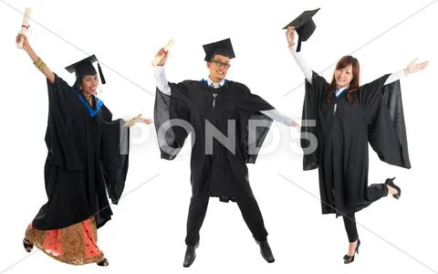 Multi races university student in graduation gown jumping Stock Photos