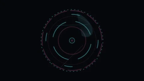 Multi-ring circular tech interface in neon pink and cyan with rotating scan.. Видео 345982021