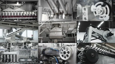 Multi-screen of automatic production conveyor, robotic packaging of goods. Stock Footage 313100368