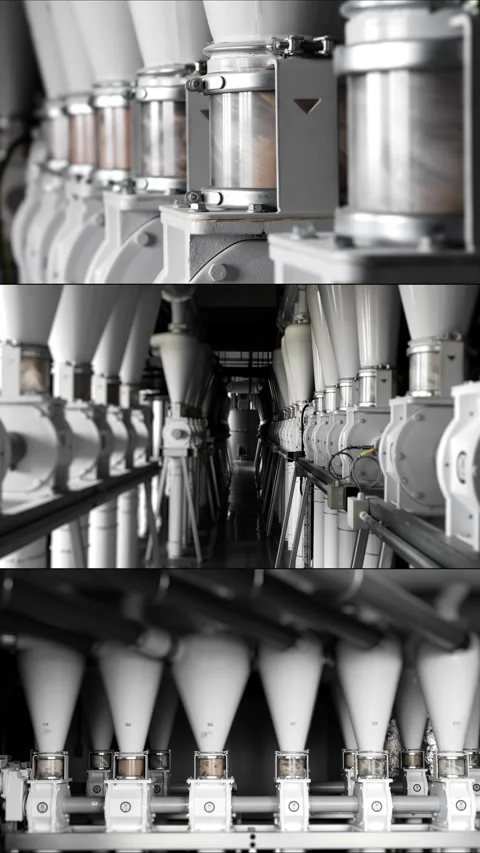 Multi Screen Collage of automated grinding of wheat into flour. 스톡 동영상 306577555