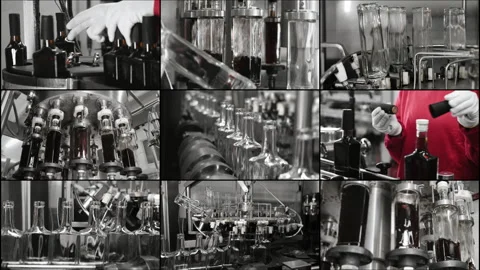 Multi Screen Collage of automatic line for bottling drinks at the plant. Stock Footage 314342485