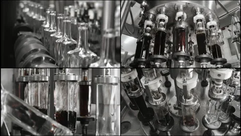 Multi Screen Collage of automatic line for bottling drinks at the plant. Stock Footage 314342769