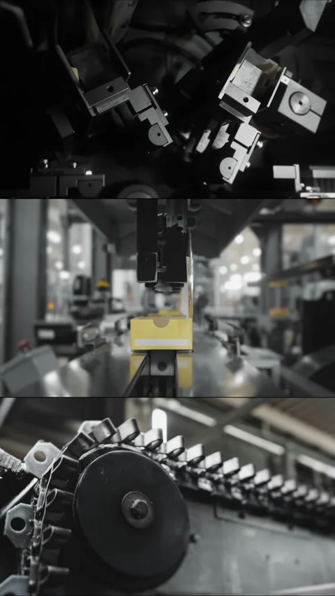 Multi Screen Collage of automatic robotic line for packing. Stock Footage 306575588