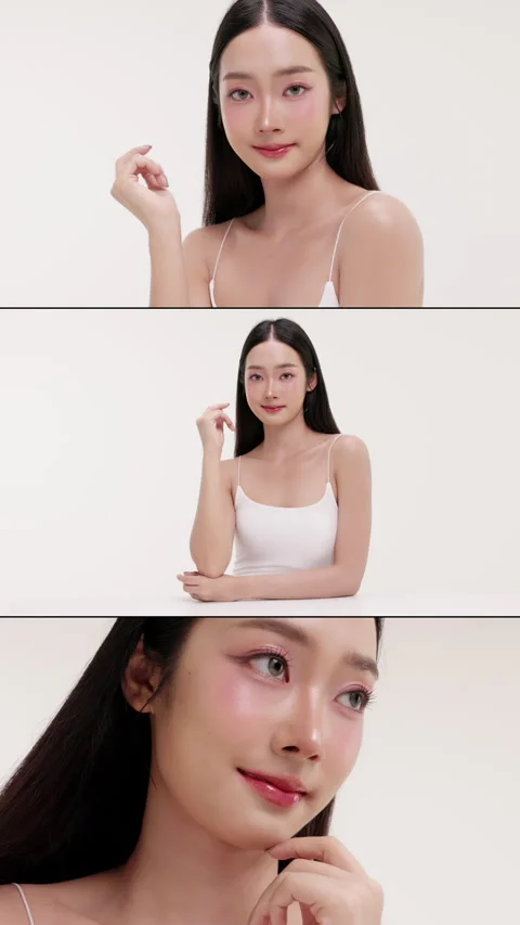 Multi-screen collage of beauty Asian female showcasing healthy, glowing skin. Stock Footage 339842580