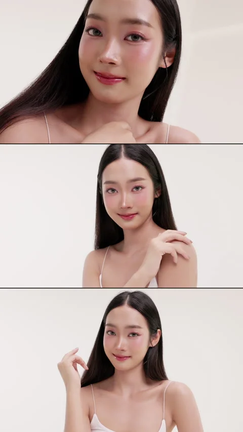 Multi-screen collage of beauty Asian female showcasing healthy, glowing skin. Stock Footage 339842585