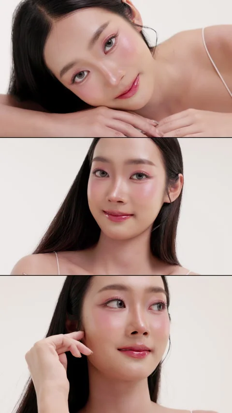 Multi-screen collage of beauty Asian female showcasing healthy, glowing skin. Stock Footage 339842712