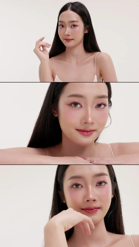 Multi-screen collage of beauty Asian female showcasing healthy, glowing skin. Stock Footage 339842728