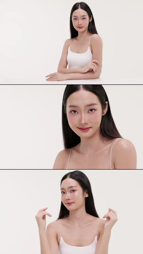 Multi-screen collage of beauty Asian female showcasing healthy, glowing skin. Stock Footage 339842746