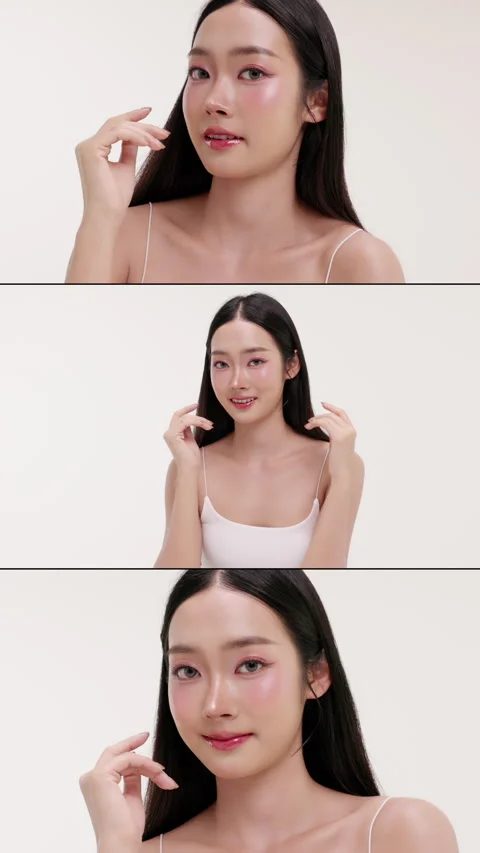 Multi-screen collage of beauty Asian female showcasing healthy, glowing skin. Stock Footage 339842856