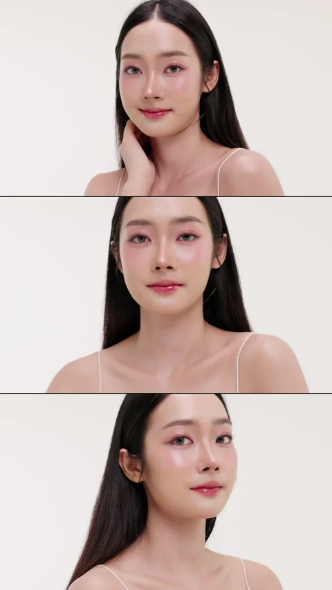 Multi-screen collage of beauty Asian female showcasing healthy, glowing skin. Stock Footage 339842943
