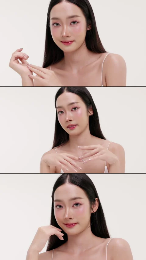 Multi-screen collage of beauty Asian female showcasing healthy, glowing skin. Stock Footage 339842948