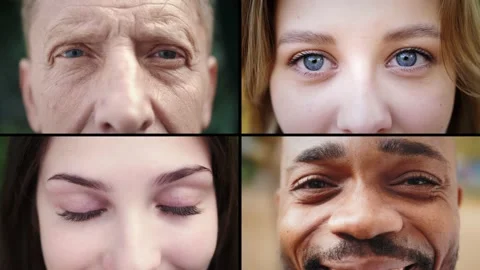 Multi screen collage close up of different eyes, men and women different races Stock Footage 141539593