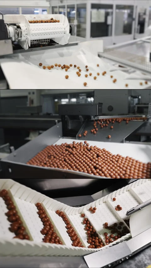 Multi Screen Collage of conveyor belt in a chocolate factory. Stock Footage 306577269