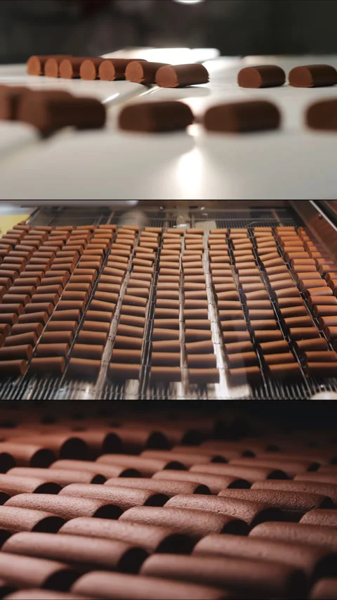 Multi Screen Collage of conveyor belt in a chocolate factory. Video stock 306577806