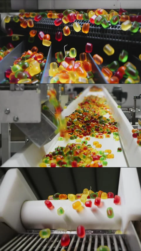 Multi Screen Collage of Conveyor for making jelly sweets. Stock Footage 306580305