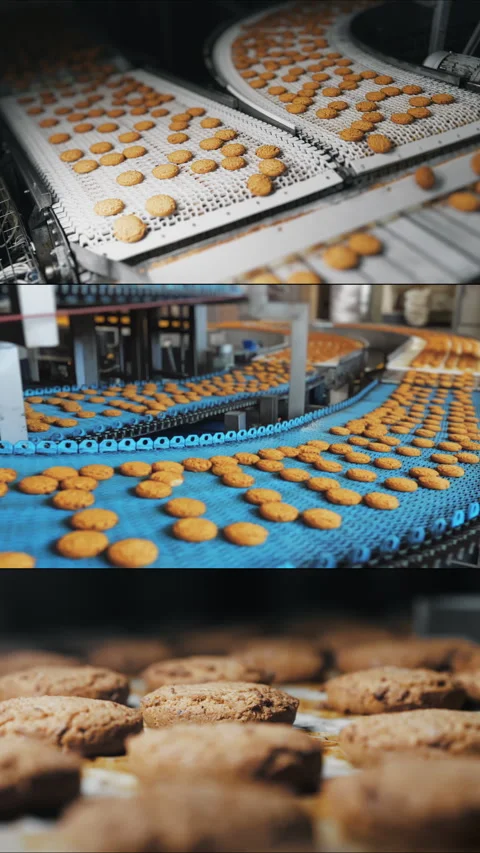 Multi Screen Collage of cookies on automated production line. Stock Footage 306581179