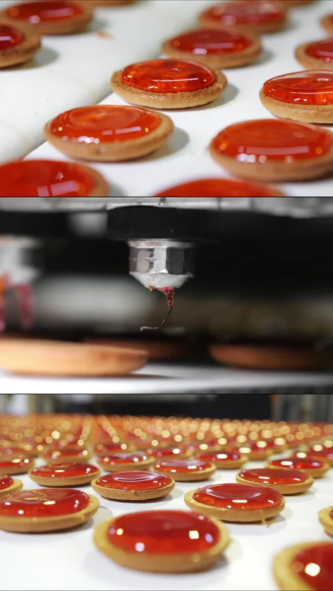 Multi Screen Collage of cookies with red jam on automated production line. Stock Footage 306579172