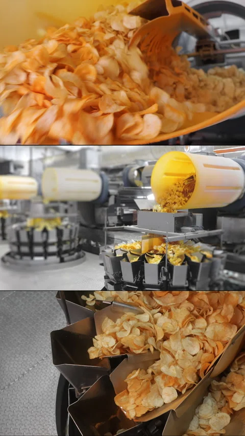 Multi Screen Collage of fried potato chips on an industrial factory. Stock Footage 306578906