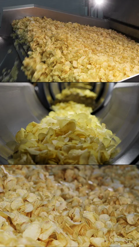 Multi Screen Collage of fried potato chips on an industrial conveyor belt. Stock-Footage 306580843