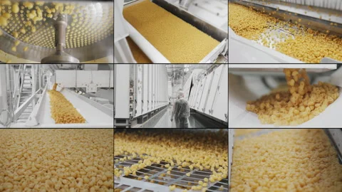 Multi Screen Collage of modern pasta factory. Video stock 313100250
