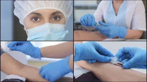 Multi Screen Collage a a nurse takes blood from a vein. Video stock 315951338