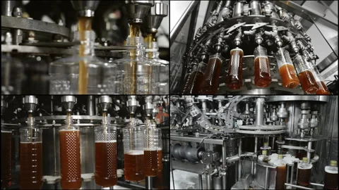 Multi Screen Collage of technological line for bottling drinks at the plant. Stock Footage 314342269