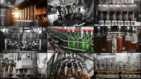 Multi Screen Collage of technological line for bottling drinks at the plant. Stock Footage 314342337