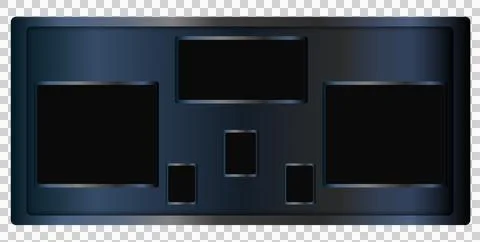 Multi-screen dashboard panel is gleaming in 3D render with six cutouts on Stock Illustration