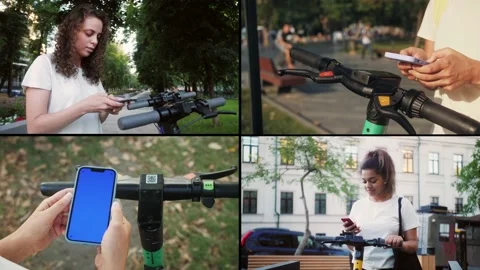 Multi Screen diverse collage of people use phone app for rental e-scooters. Stock Footage 231146200