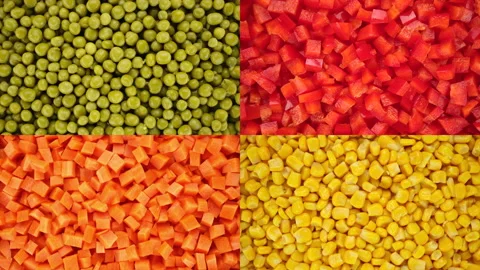 Multi screen green peas, corn, chopper red paprika and carrot Video stock 233880564