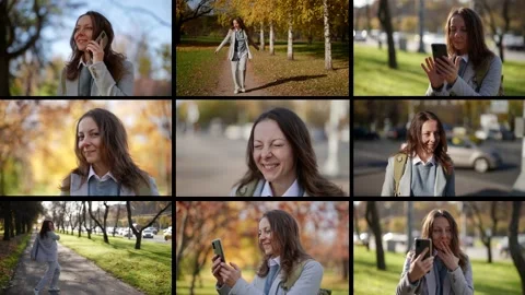 Multi-screen image collage cheerful middle-aged woman tourist strolling through Stock-Footage 220779192