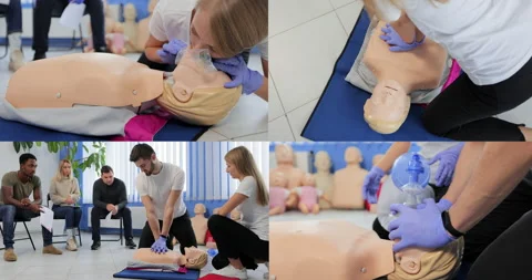 Multi-screen of instructor demonstrating CPR on mannequin at first aid training Stock Footage 171151307